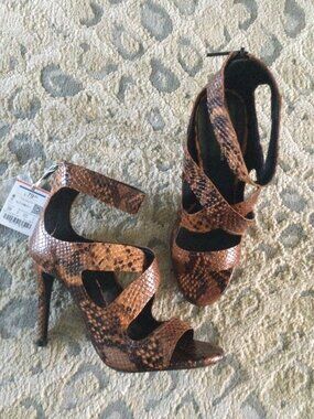 Zara Python 4" Heels, Brown, Size 8